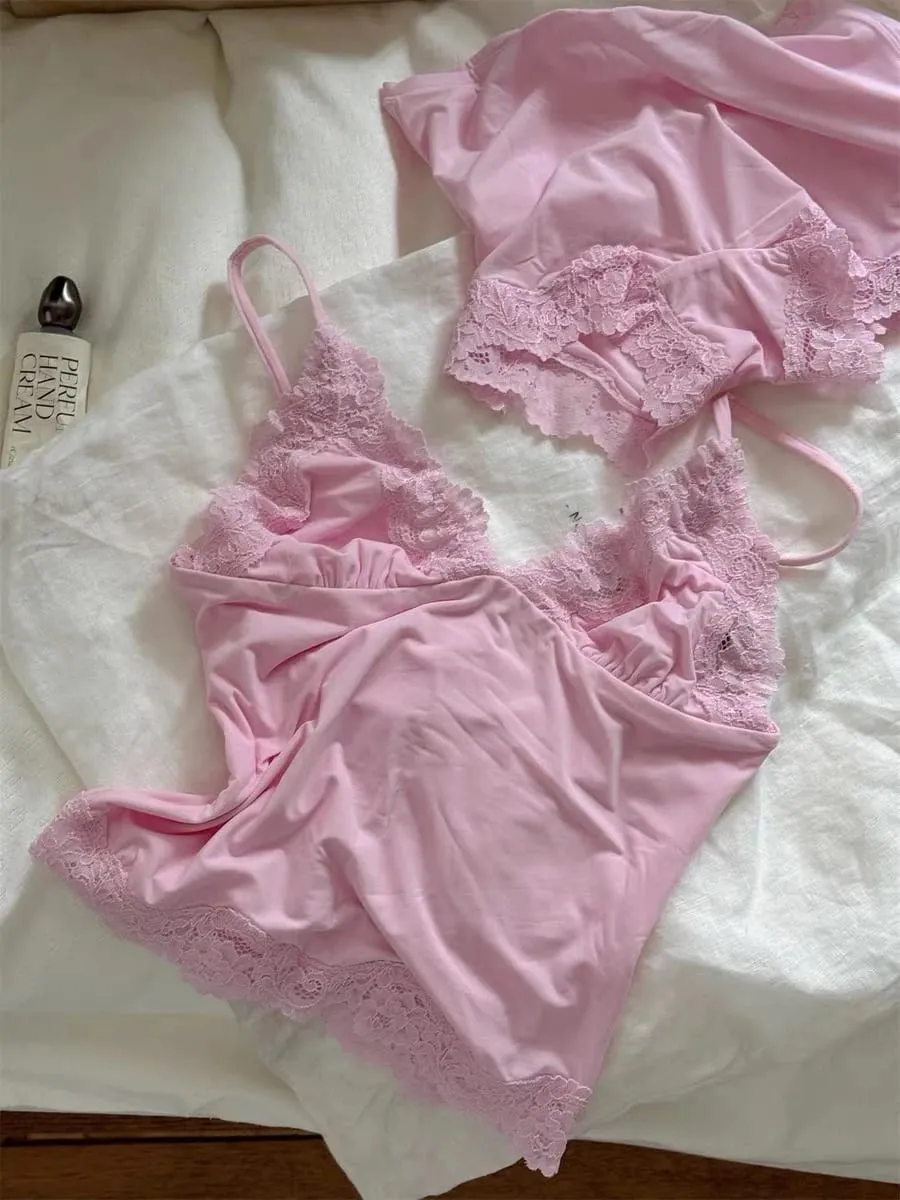 Pink Lace Trim Bra Sets Woman Sexy Triangular Cup Seamless Bras+Low Waist Boxer Briefs Solid Soft Comfort Underwear 2 Piece Set