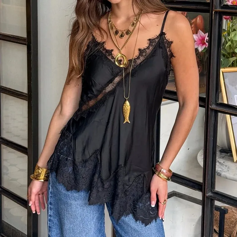 Asymmetrical Backless Spaghetti Strap Tank Cami Shirts Sexy V Neck Silk Camisole Tops Women Coquette Lace Trim Satin Tank Top — image 9