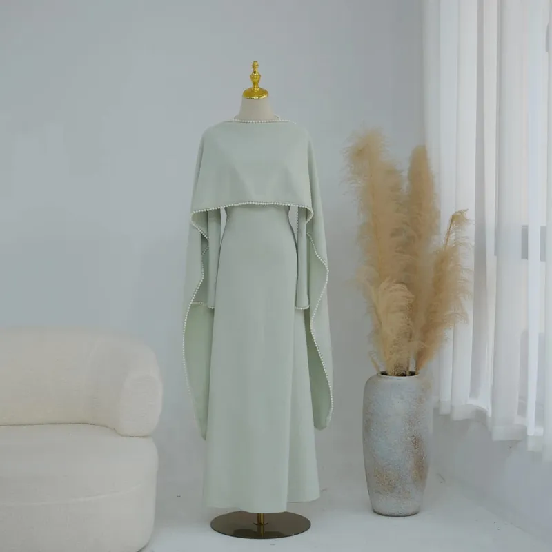 White Pearl Trim Cape Maxi Dress Women Elegant Long Sleeve Cinched Waist Muslim Robes 2026 Spring EID Abaya Lady Dresses