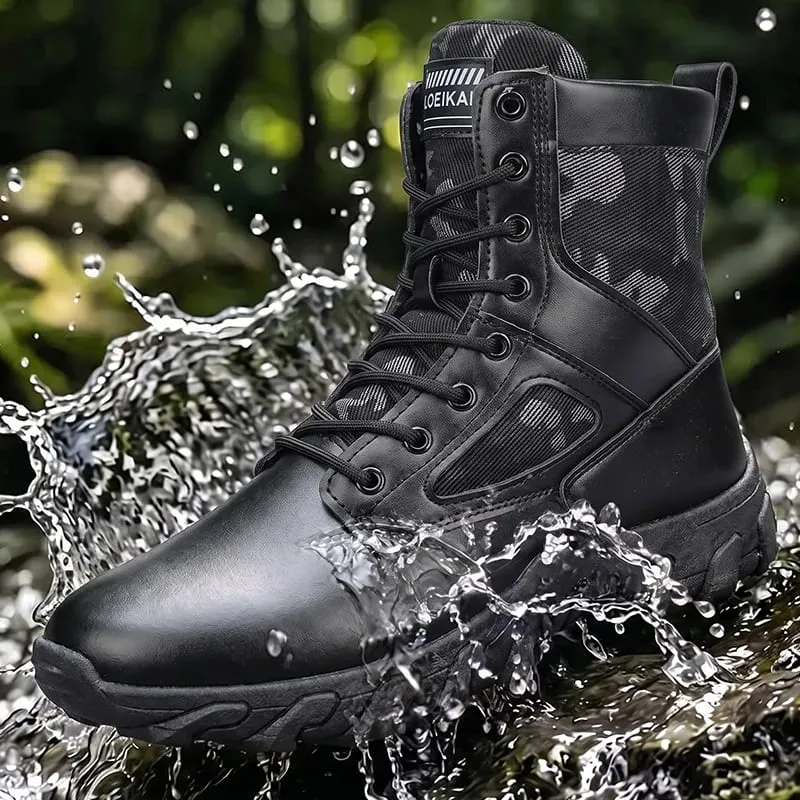 Men High‑top Casual Boots Lace‑up PU Fabric Splicing Rugged Non‑slip Thick Sole Shoes For Daily Street Walking All Season — image 1