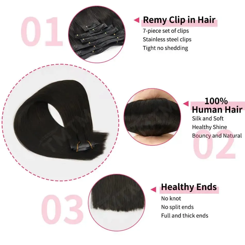 Straight PU Clip Ins Human Hair Extensions Black Brown Color 7 Pcs 110g/Set Seamless Invisible PU Weft For Women 100% Human Hair — image 2