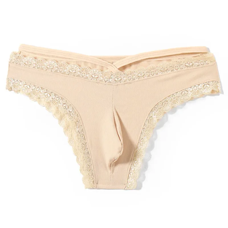 Hommes dentelle Rrim Sissy Gay slips sans couture sous-vêtements taille moyenne poche bombée Lingerie solide hommes dentelle bord Lingerie