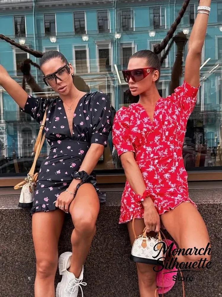 Chic Printed Slim Fit Mini Dress Women Elegant V-neck Puff Short Sleeves Waist Cinching Dresses 2026 Summer Lady Party Robes New — image 6