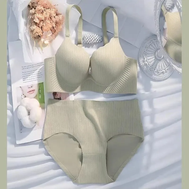 Thick Padded Wirefree Bra & Panty Set for Women Seamless Solid Comfort Gathering Lingerie Push Up Style Great for Smaller Bust