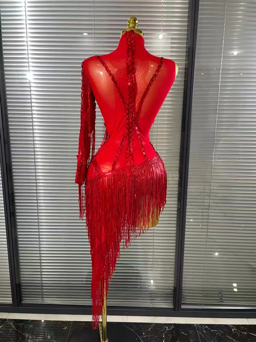 Black Red Women Sexy One Shoulder Shinning Crystal Sequins Tassels Bodycon Mid-calf Dress Nightclub Party Bar Dancer Costumes — image 6