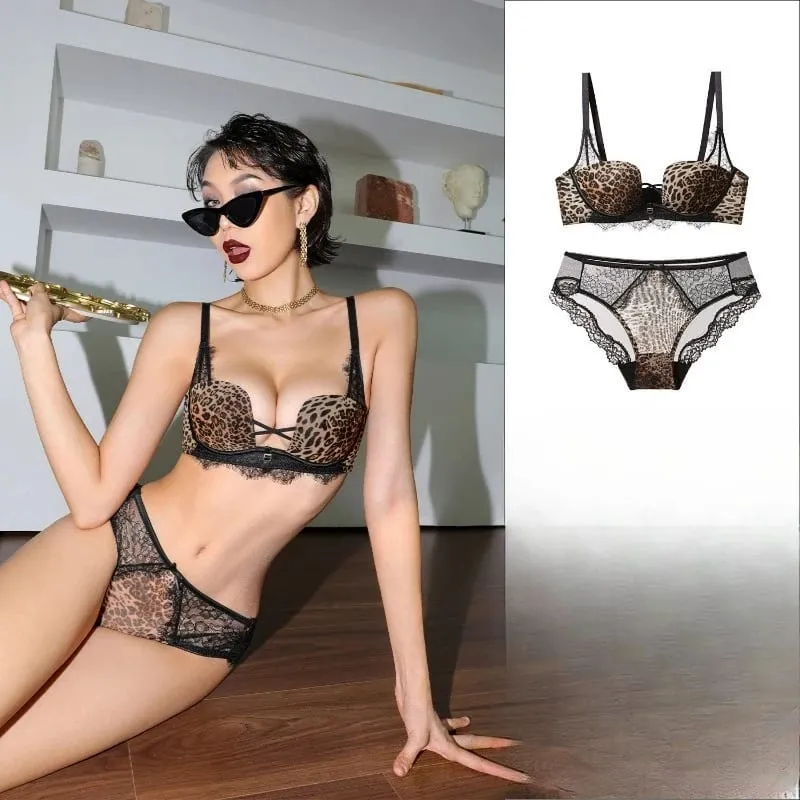 Tendance Ensemble Lingerie Léopard Dentelle Style Français Soutien-Gorge Push Up Petit Poitrine Anti Affaissement Toutes Tailles