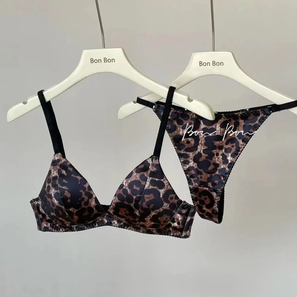 2026 New French Ultra Thin Women Lingerie Set Satin Lace Splicing Comfort Bras Leopard Print Temptation Bra Thong Sets Underwear — image 3