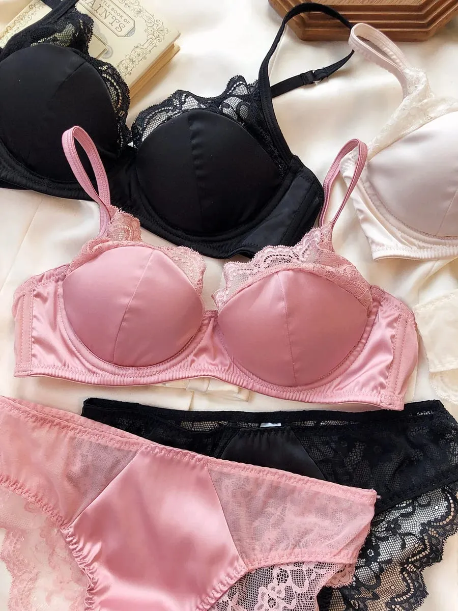 Lace satin thin section of large breasts show small gathered lingerie soft steel ring underwear set women sweet bra — image 2