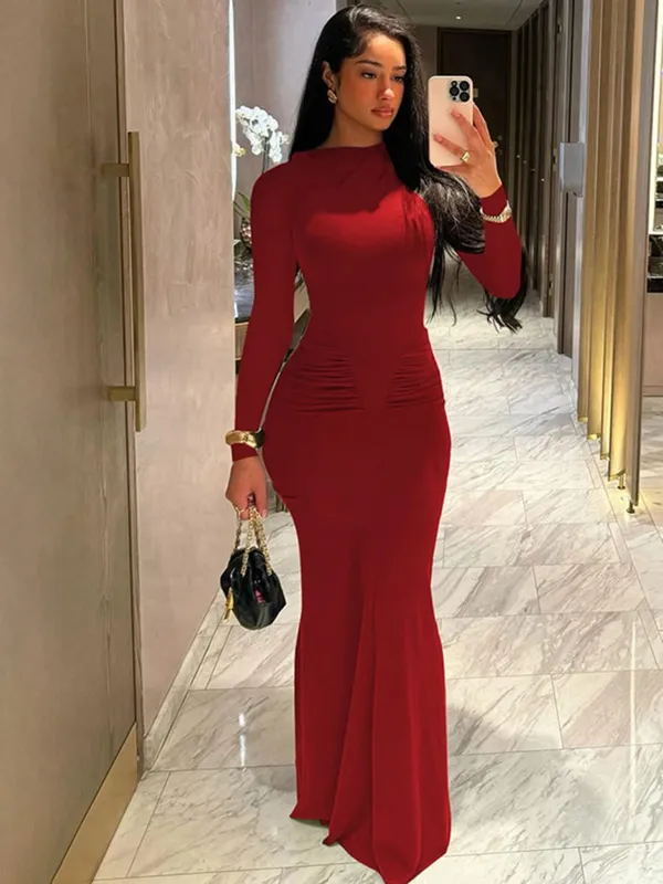 Hugcitar podzimní jednobarevné dlouhé rukávy přehozené sexy bodycon maxi plesové šaty dámská móda Y2K outfity večerní párty Festivalový klub — image 8