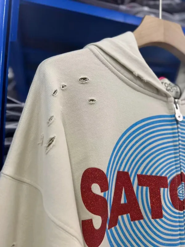 New Arrival Satoshi Zip Hoodie Destroyed Hole Design Loose Cotton Casual Outdoor Jacket Tops