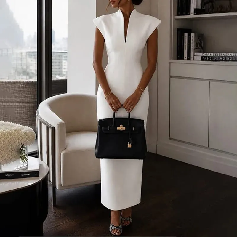 Solid Temperament Dress Women Sleeveless Slim V Neck High Waist Vestidos Elegant Formal Party Outfit Chic 2026 New Arrivals — image 1