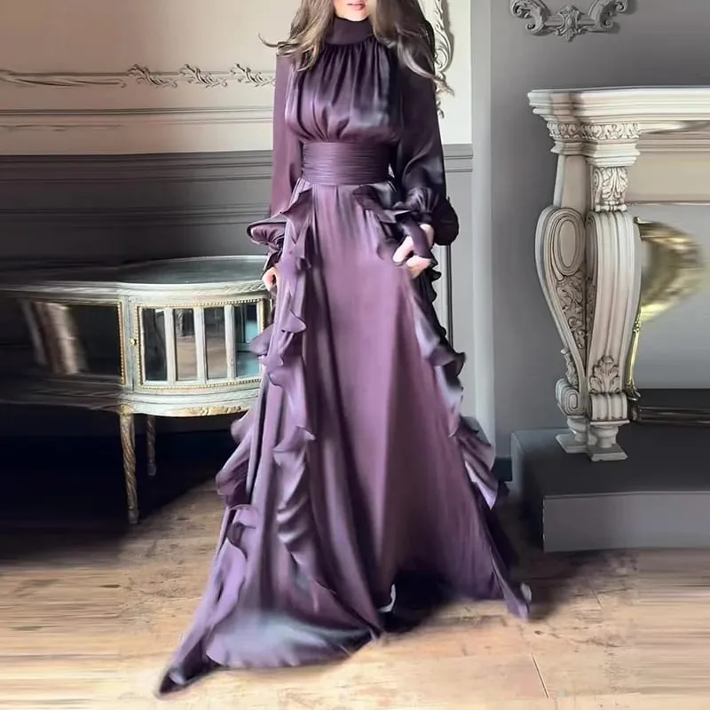 Fashion High Waist Pleat Party Dress Lady Casual High Collar Layered Banquet Dress Elegant Long Sleeve Solid Color Evening Dress — image 6