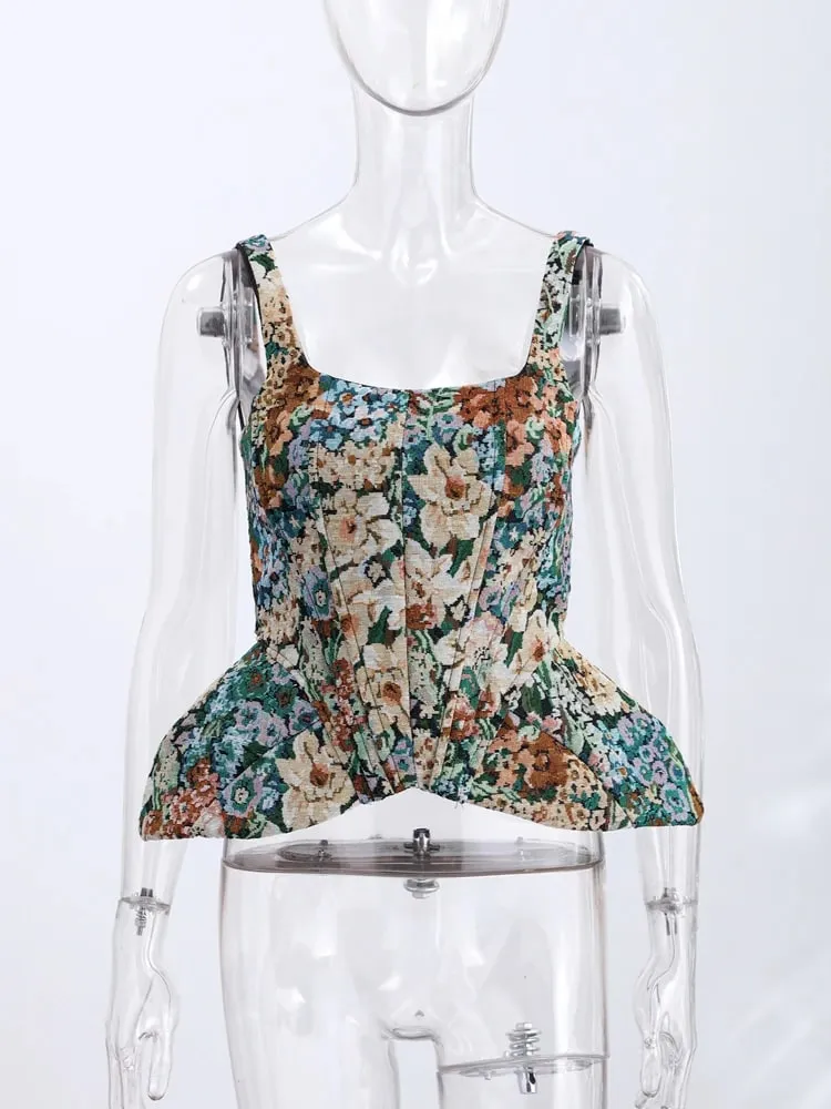 Vintage Floral U Neck Spaghetti Strap Corset Cami Top Curved Hem Fitted 2026 Summer Women Slim Tank Causla Versatlie Lady Top