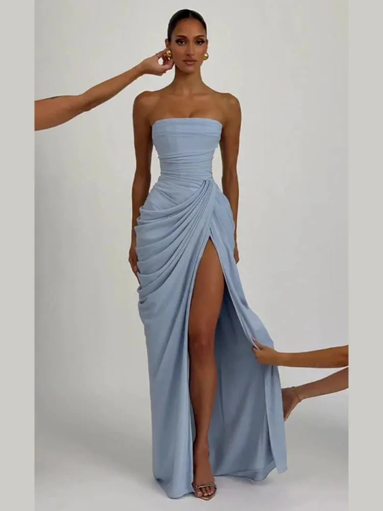 Sexy Solid Pleated Strapless Dress Lady Chic Off-shoulder Backless High Waist Split Dresses Women 2026 New Evening Party Gown — image 7