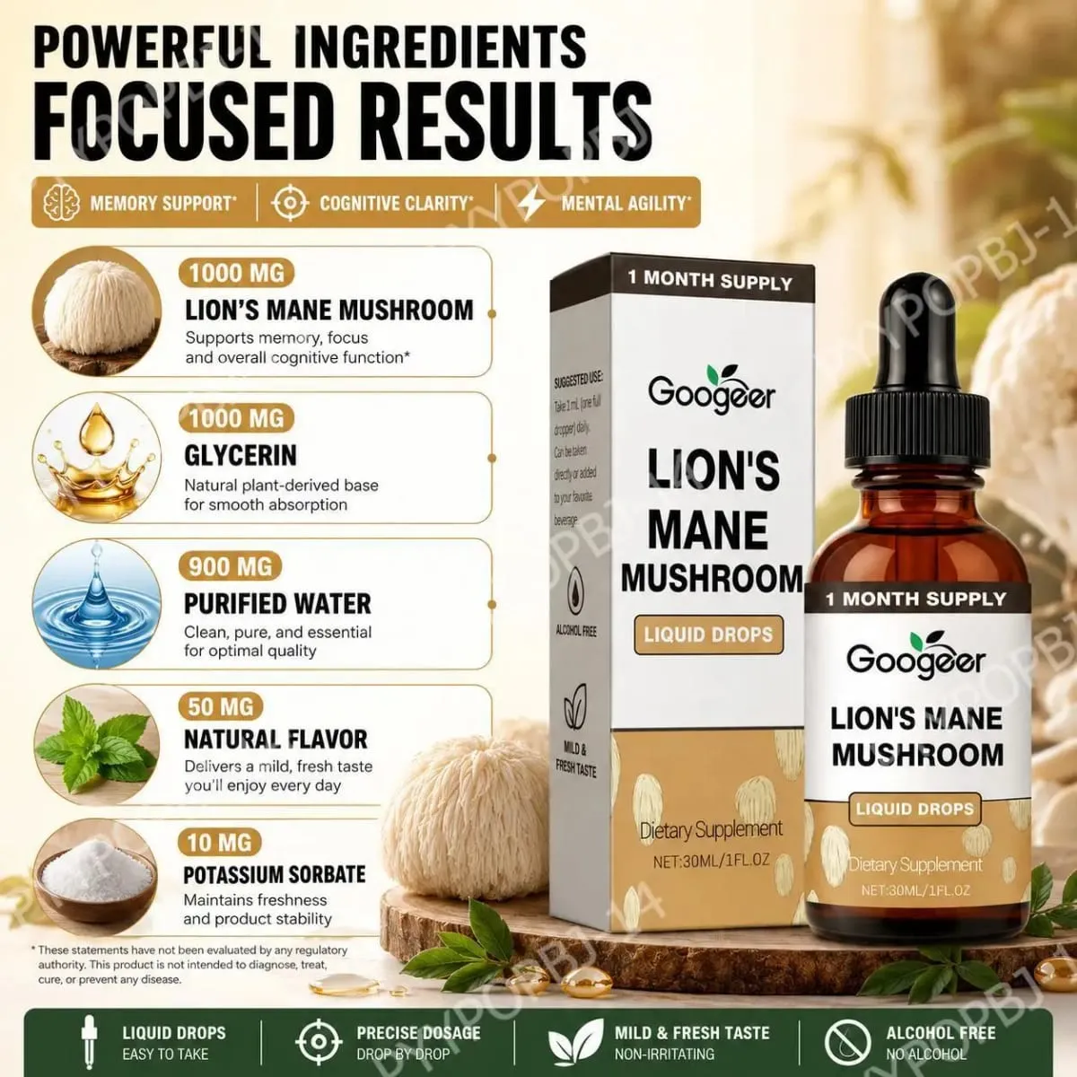 Googeer Lion's Mane Mushroom Liquid Drops Memory and Focus Support for Cognitive Clarity Mental Agility Alcohol-Free 30 ML