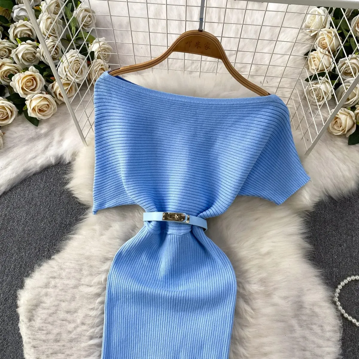 Summer Women Slash Neck Sundress Asymmetry Batwing Sleeve Knitted Dress High Waist Bodycon Solid Color Slit Dress Outfits