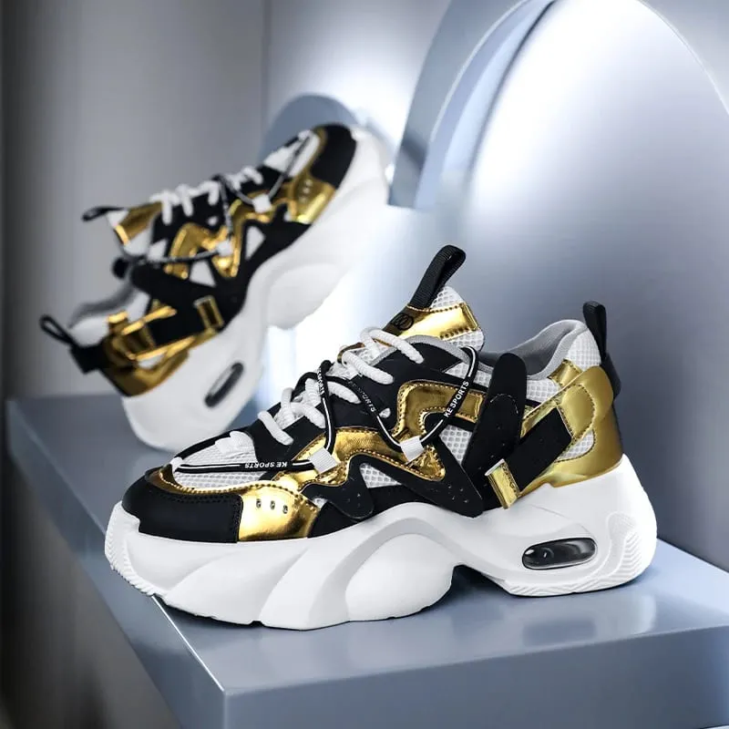 Men's Casual Sneakers with Large Mesh Breathable Upper Metallic Texture and Contrasting Color Stitching and Trendy Webbing Accents. Thick Air-Cushioned Soles Provide Both Height Increase and Shock Absorption Making Them Suitable for Street