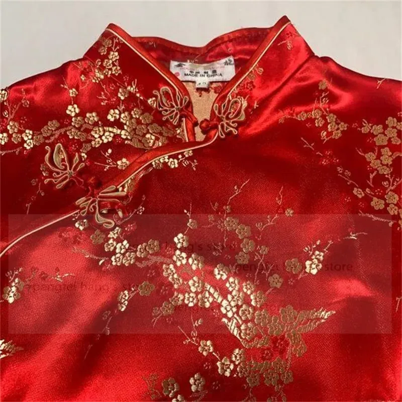 Chinese Style Women Dragon Phenix Qipao Classic Red Satin Cheongsam Plus Size Short Sleeve Mini Dress Vestidos 3XL 4XL 5XL 6XL