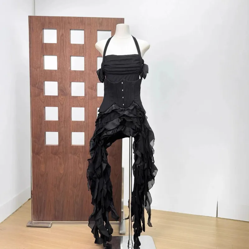 Women's Ruffle Edge Pleated Dress Three Piece Set Sexy Backless Ruffle Edge Dress Suitable for Parties and Cocktail Parties — image 12