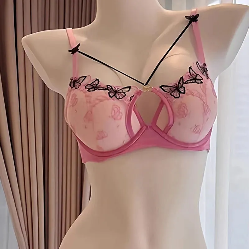 Spring/Summer Sexy Sweetheart Black Butterfly Embroidered Pink Bra With Steel Rim Thickened For Small Breasts Women Bra Set — image 6