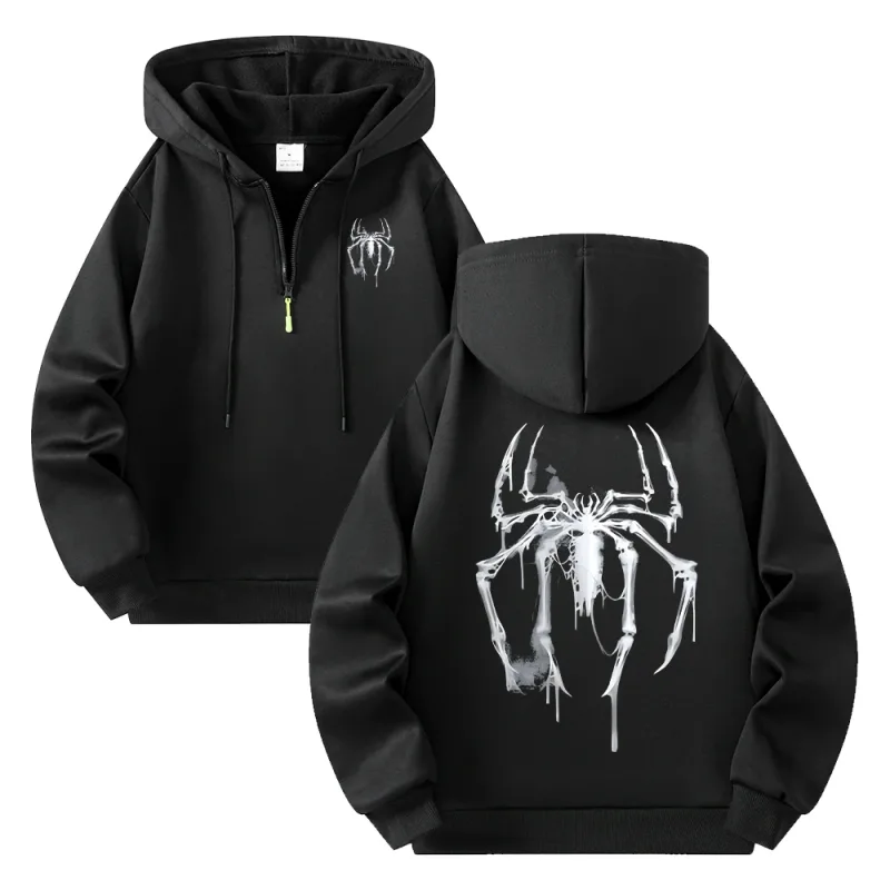 Men's Half Zip Hoodie With Personalized Spider Print Street Style Casual Sweatshirt Autumn And Winter Trendy Fitness Commute Top — image 1