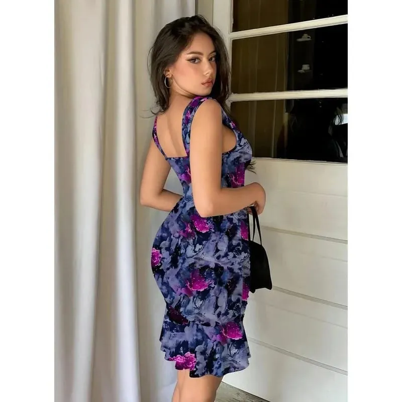 Gradient Floral Sleeveless Deep V Bodycon Dress with Ruffle Hem Sexy Fitted Waist Evening Wear Wrinkle-Resistant Polyester