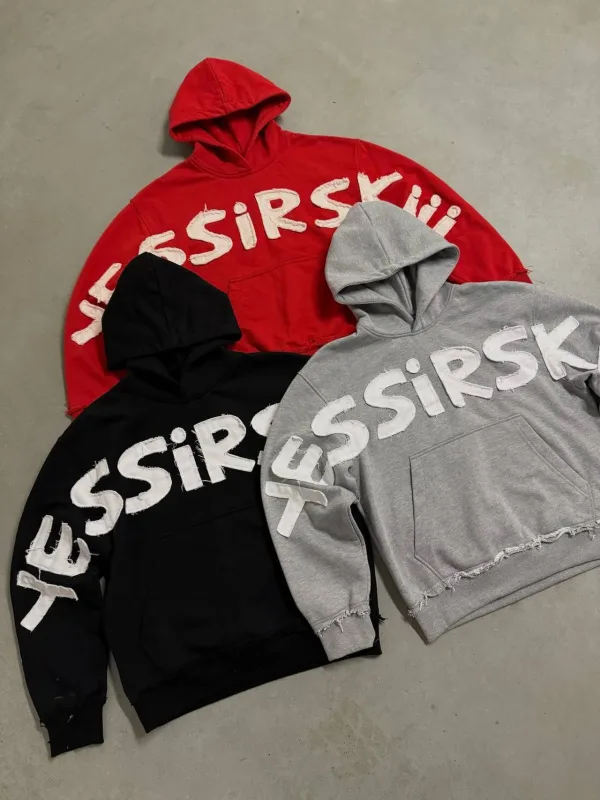 Y2K Men Oversized Hoodie Frayed Raw Edge Patch Letter Print Pullover Hooded Sweatshirt Multi Color Hip Hop Streetwear Hoodies — image 3