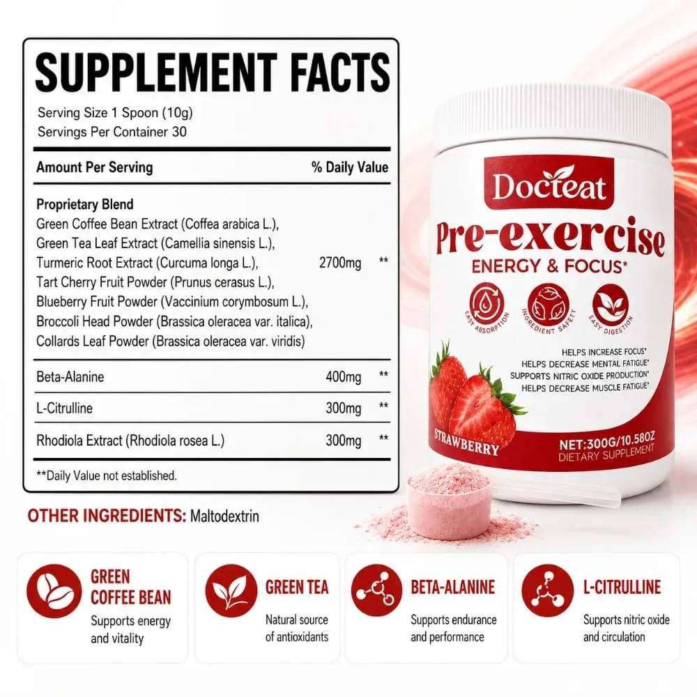 Docteat Pre Workout Powder Strawberry Energy & Focus Support Beta-Alanine L-Citrulline Rhodiola 300g 30 Servings Drink Mix