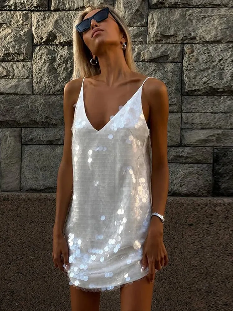 Beach Sequin Short Women Dress Loose Deep V-neck Sleeveless Backless Spaghetti Strap Sundress 2026 Summer Solid Glitter Dresses — image 3