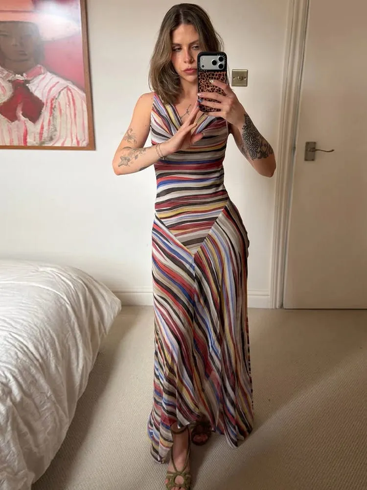 2026 Summer Colorful Stripe Long Dresses for Women Chic Sleeveless Female Midi Dress Fashion New Lady Vacation Beach Vestidos