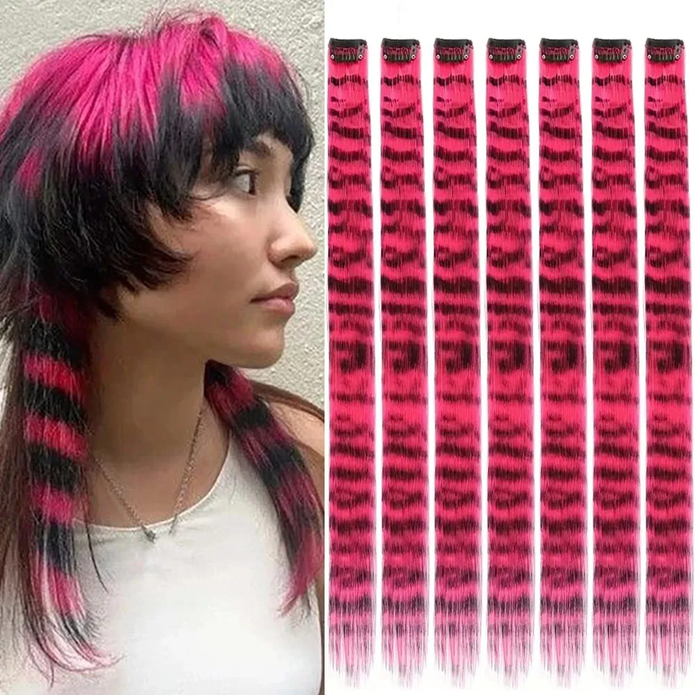 18' 7 Pcs Rainbow Long Straight Zebra Print Synthetic Feather Clip in Hair Extensions for Women Ideal Halloween Christmas