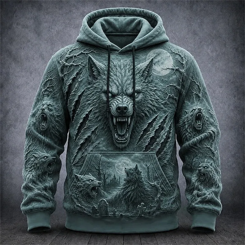 Men's Autumn Winter Halloween Hoodie Casual Pullover with Spooky Skull Print Loose Fit Festive Street-Style Top for Parties
