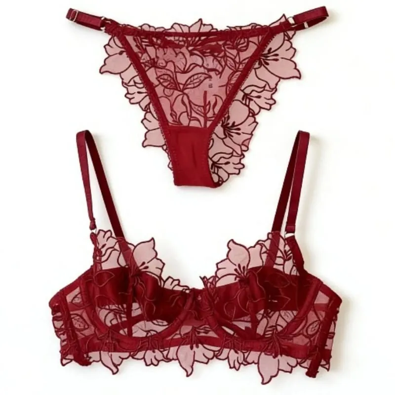 Padded Bra Set Small Bust | Lace Embroidered & Mesh Underwear Set with Soft Underwire Comfortable Demi Cup Sexy Tushy Panty PP — image 6