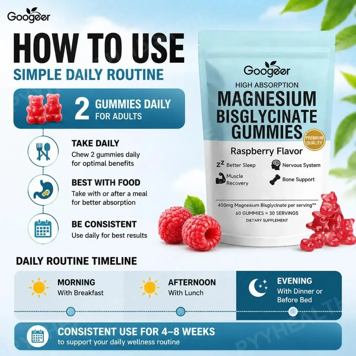Magnesium Bisglycinate Gummies for Bone Muscle Sleep Support Nervous System Wellness with Vitamin D3 and Zinc 60 Gummies