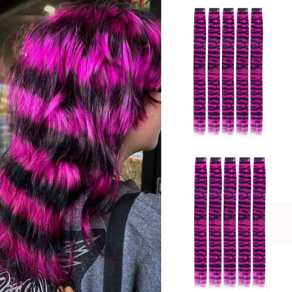 10pcs/set Stripe Printed Hair Colorful Long Straight Hair Pieces Synthetic Clip-in Hair Extensions for Daily Use Party Christmas — image 9