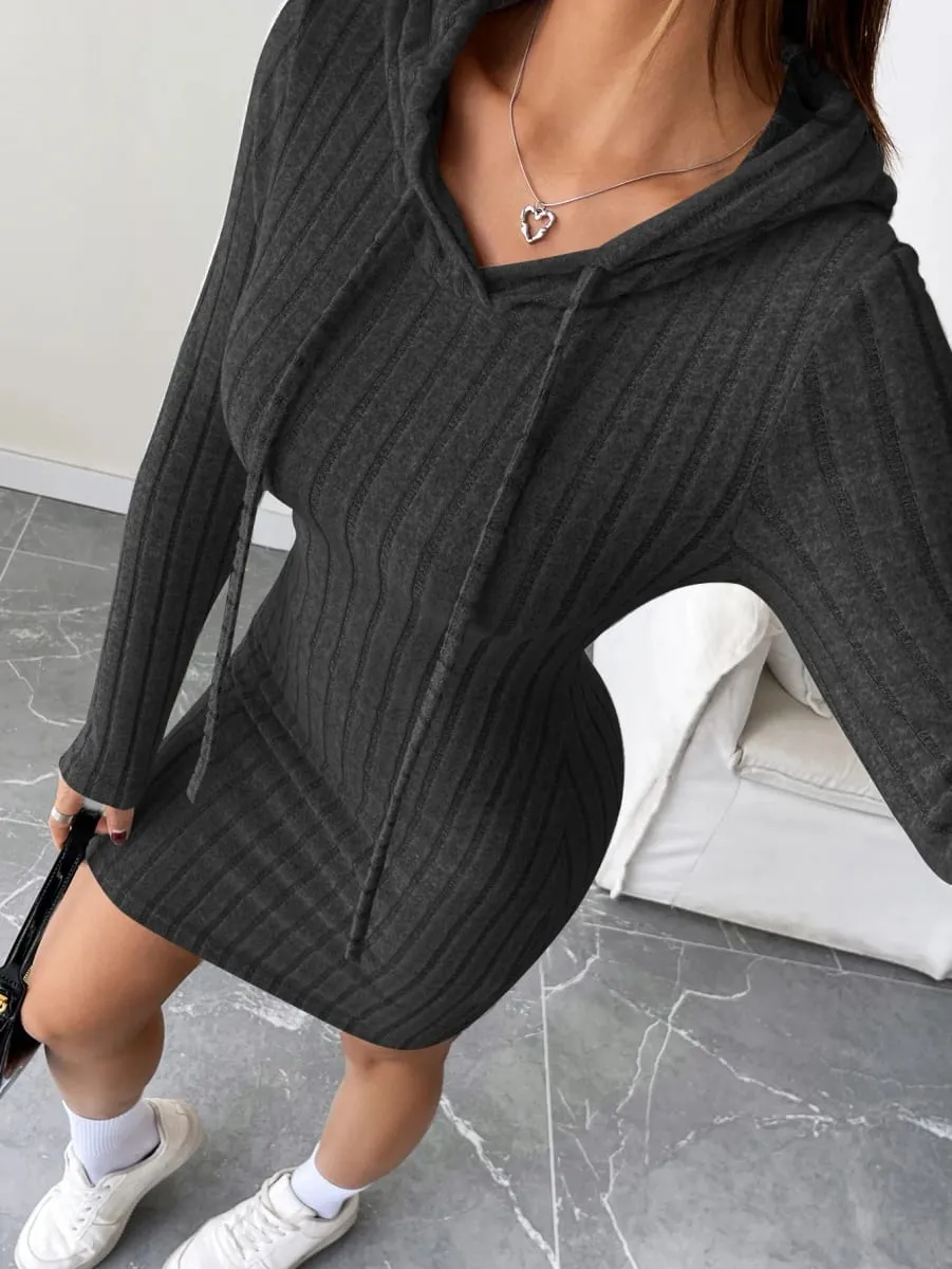 Trendy Ribbed Knitted Hooded Slim Fit Dress with Drawstring - Comfortable Casual Style for Women — image 5
