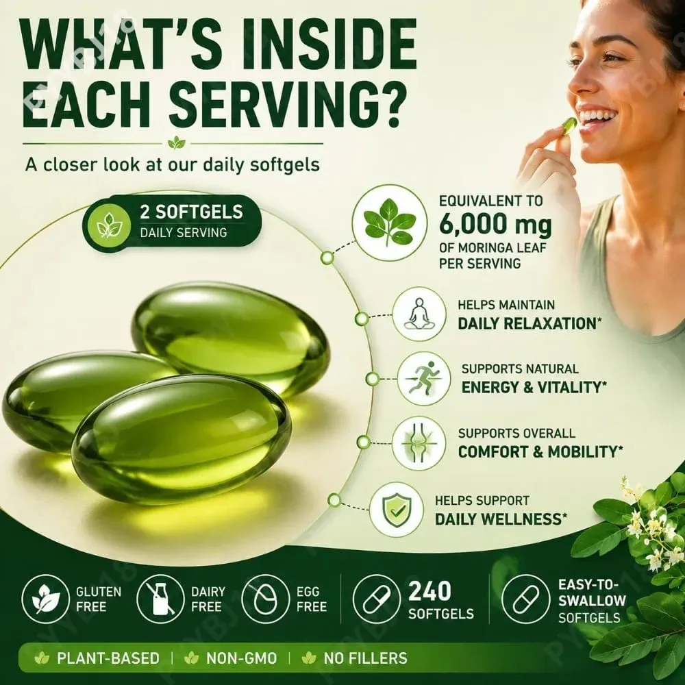 Moringa Leaf Softgels 6000 Mg Equivalent Per Serving for Daily Relaxation Natural Energy Vitality & Comfort Support 240 Softgels