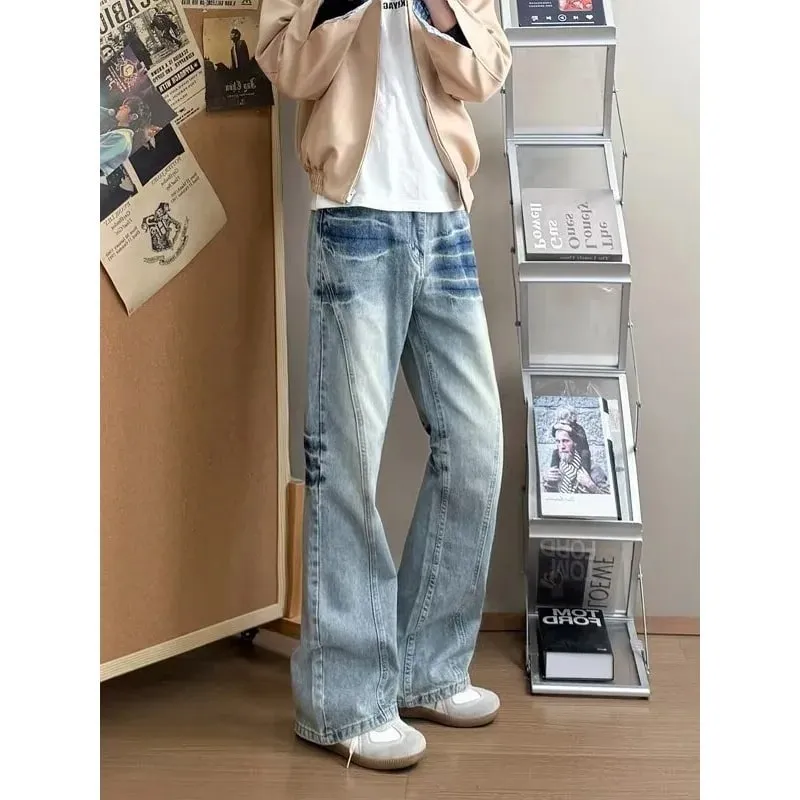 Men's Lightning Pattern Denim Jeans High Street Style Spring Blue Loose Fit Flared Pants Y2K Korean Fashion Tall Size