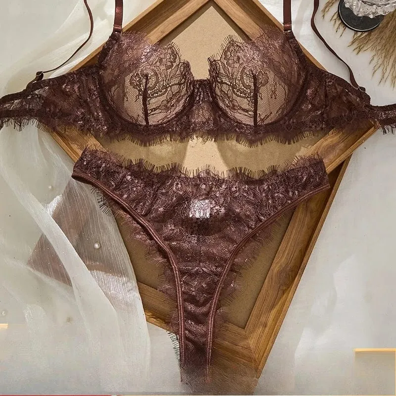 Ladies' Basic Style Thin Lace Bra and Panty Set Seamless Single Layer Eyelet Underwear Comfortable Intimate Apparel