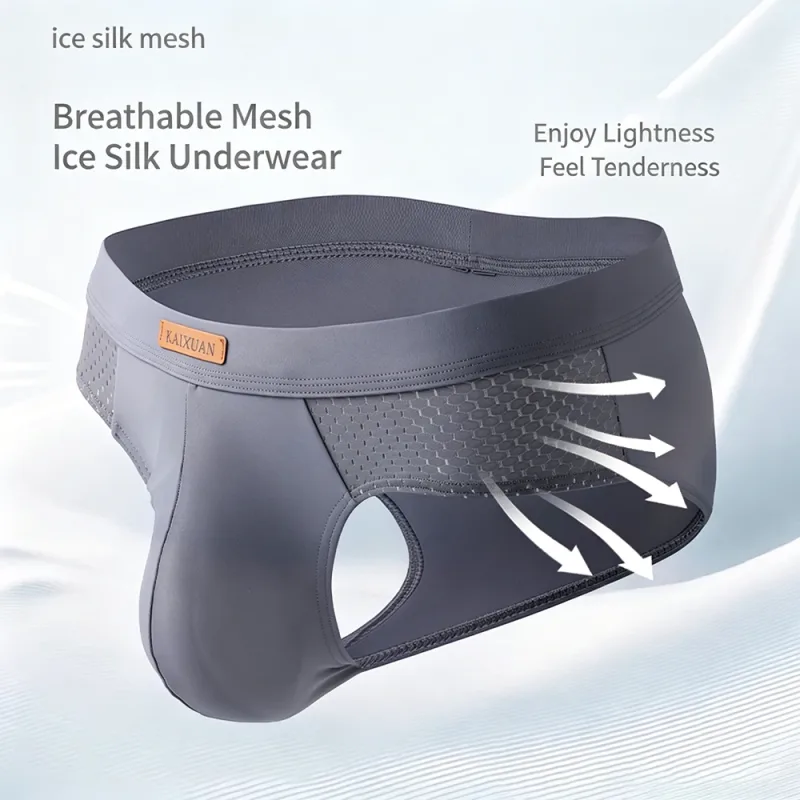Men's Summer Ice Silk Mesh Briefs Quick Dry U-Pouch Separated Crotch Breathable Underwear Triangle Design for Comfort