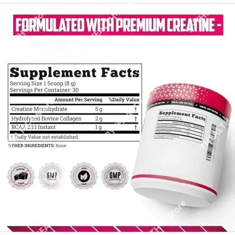 Serbuk Creatine Monohydrate dengan Kolagen Terhidrolisis Menyokong Prestasi Latihan Pemulihan Otot & Tahap Tenaga Tanpa Gula 240g
