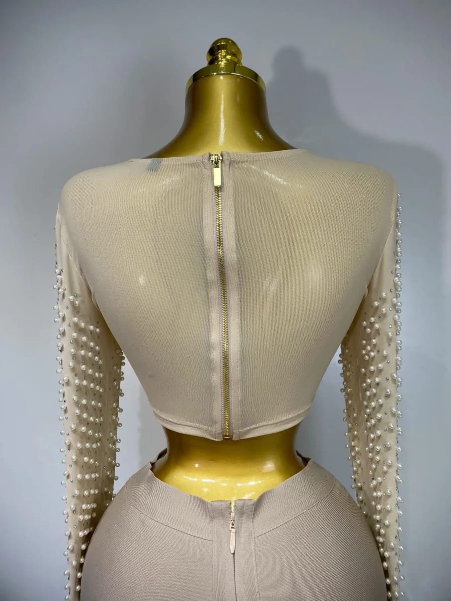 Set da donna sexy a maniche lunghe in rete con perle Top Celebrity Midi Set di fasciature da donna 2025 Set da due pezzi di compleanno di lusso per feste serali di design