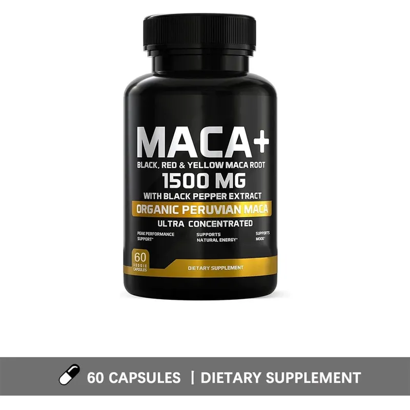 Organic Maca Root Powder Capsules 1500mg with Black+Red+Yellow Peruvian Maca Root Supplement for Men and Women - Vegan Pills