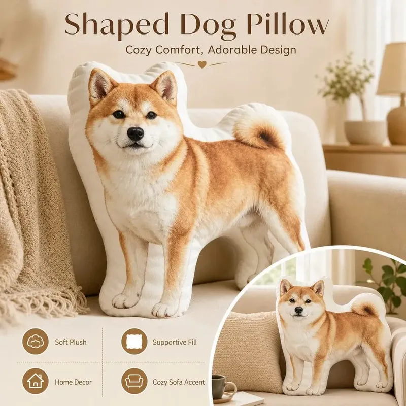 Dog Shaped Pillow Animal Throw Pillow Soft Plush Fabric Decorative Animal Pillow Shiba Dog Cushion Contoured Shape — image 2