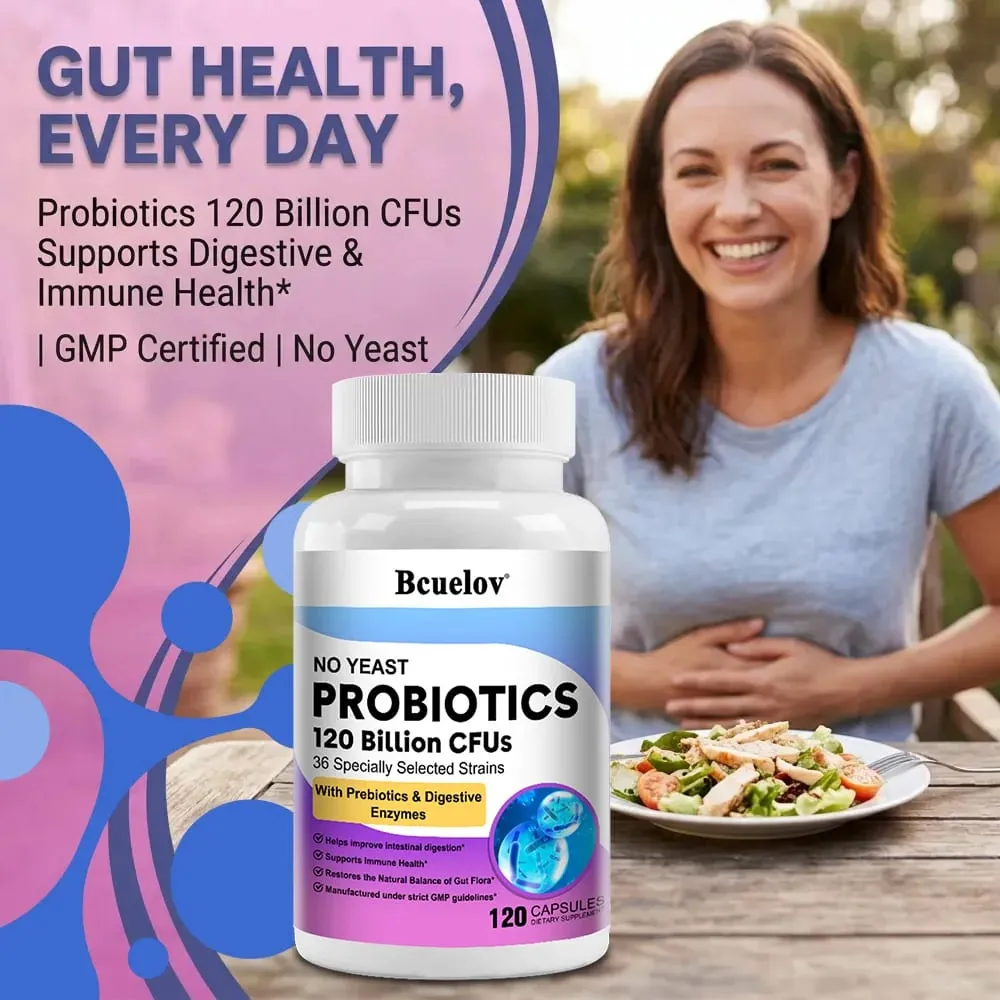 Probiotics 120 Billion CFU 36 Strains + Prebiotics + Digestive Enzymes Gut Digestion & Immune System Support Regulates Mood