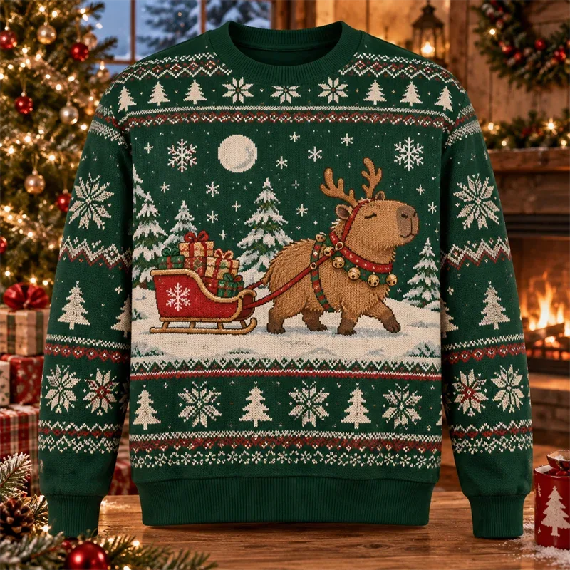 Capybara Christmas Sweater Funny Animal Holiday Graphic Crewneck Xmas Pullover Winter Party Gift Casual Streetwear Festive Top — image 8