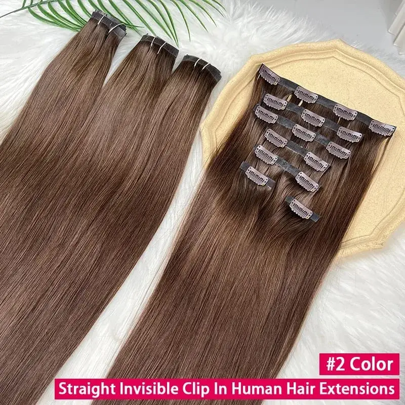 #2 Color Invisible Seamless Clip in Hair Extensions Straight PU Weft Clips In Double Weft 100% Raw Virgin Human Hair 7PCS/100g