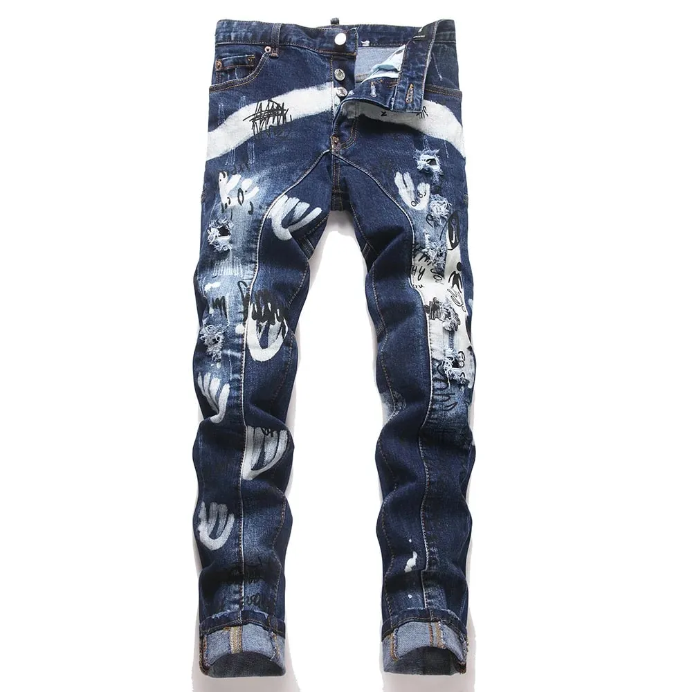 Men Letters Printed Denim Jeans Holes Ripped Patchwork Spliced Pants Button Fly Slim Tapered Stretch Trousers — image 9