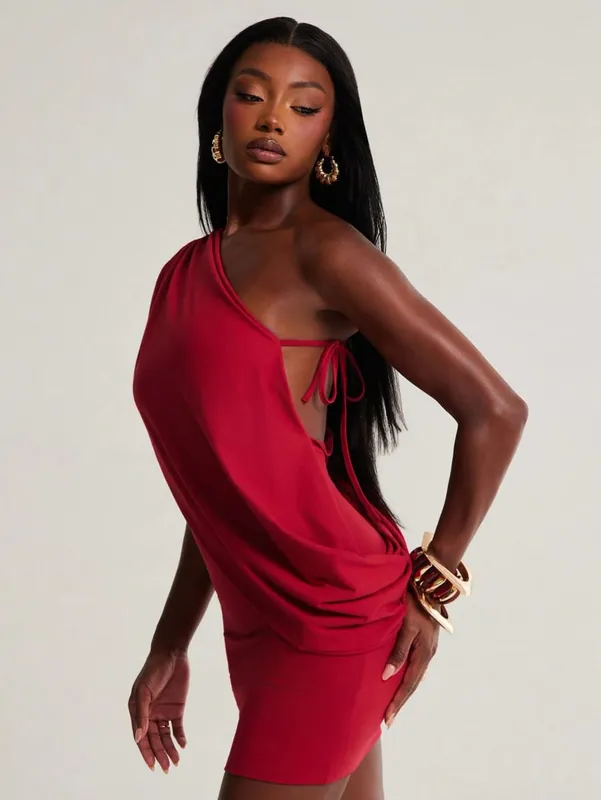 European and American style cross - border solid color women's single-shoulder slim - fitting celebrity hip skirt slant collar