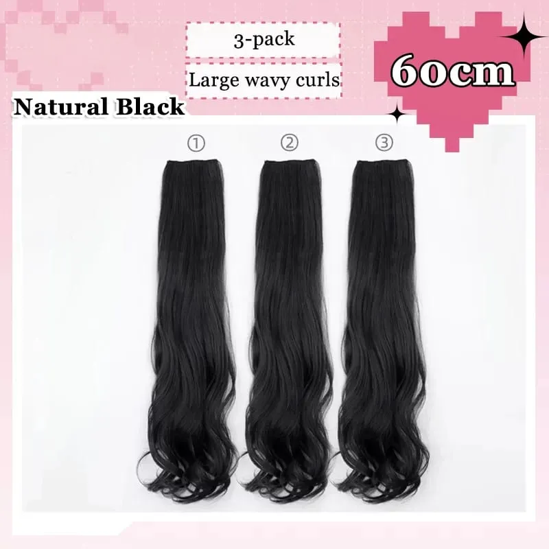 3Pcs/Set 6Clips Hair Extension Black Long Large Wavy Curls Natural Hair Hairpiece Heat Resistant Fiber For Women Hairstyle